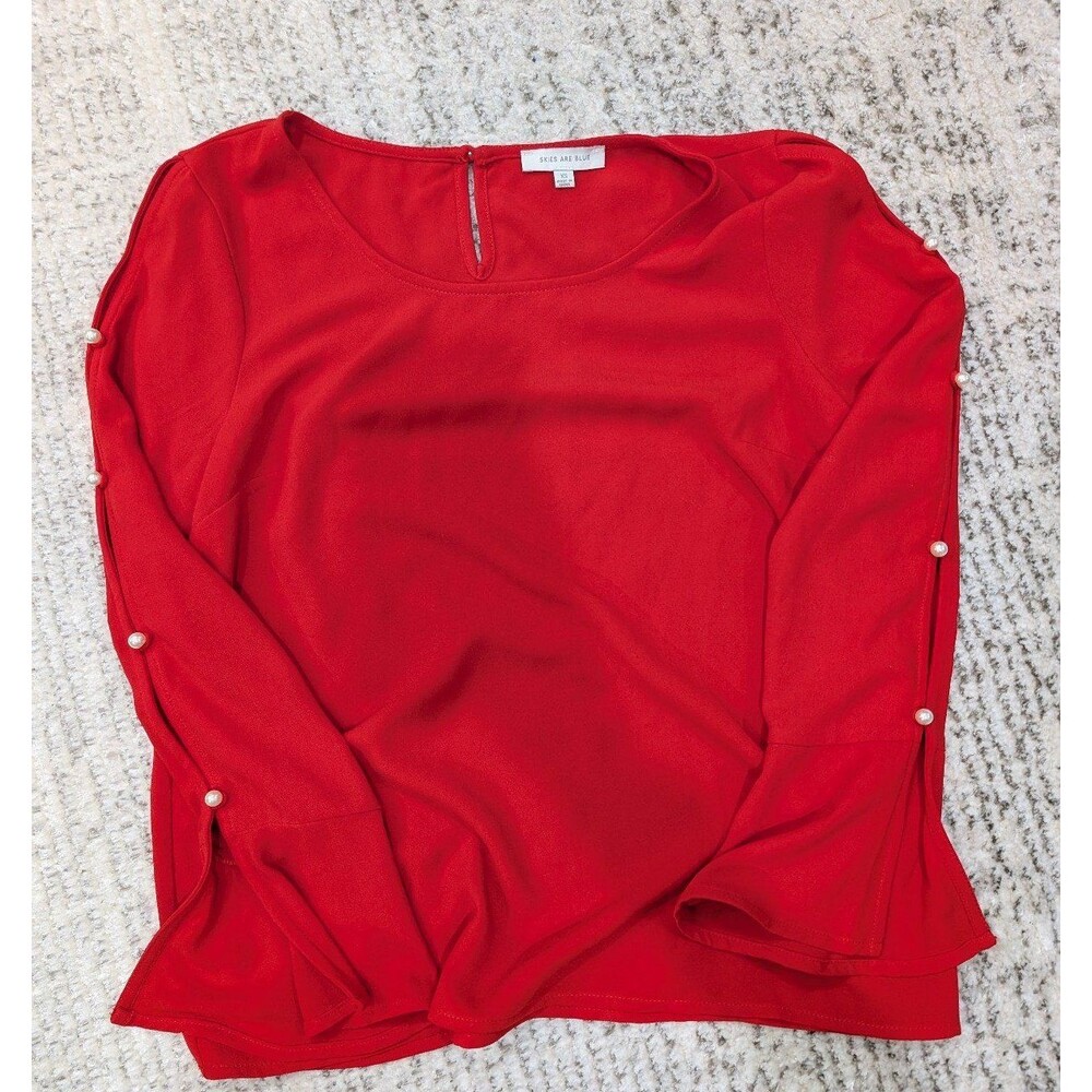 Skies Are Blue Red Pearl Accent Split Long Sleeve Blouse Top Style 39708 XS